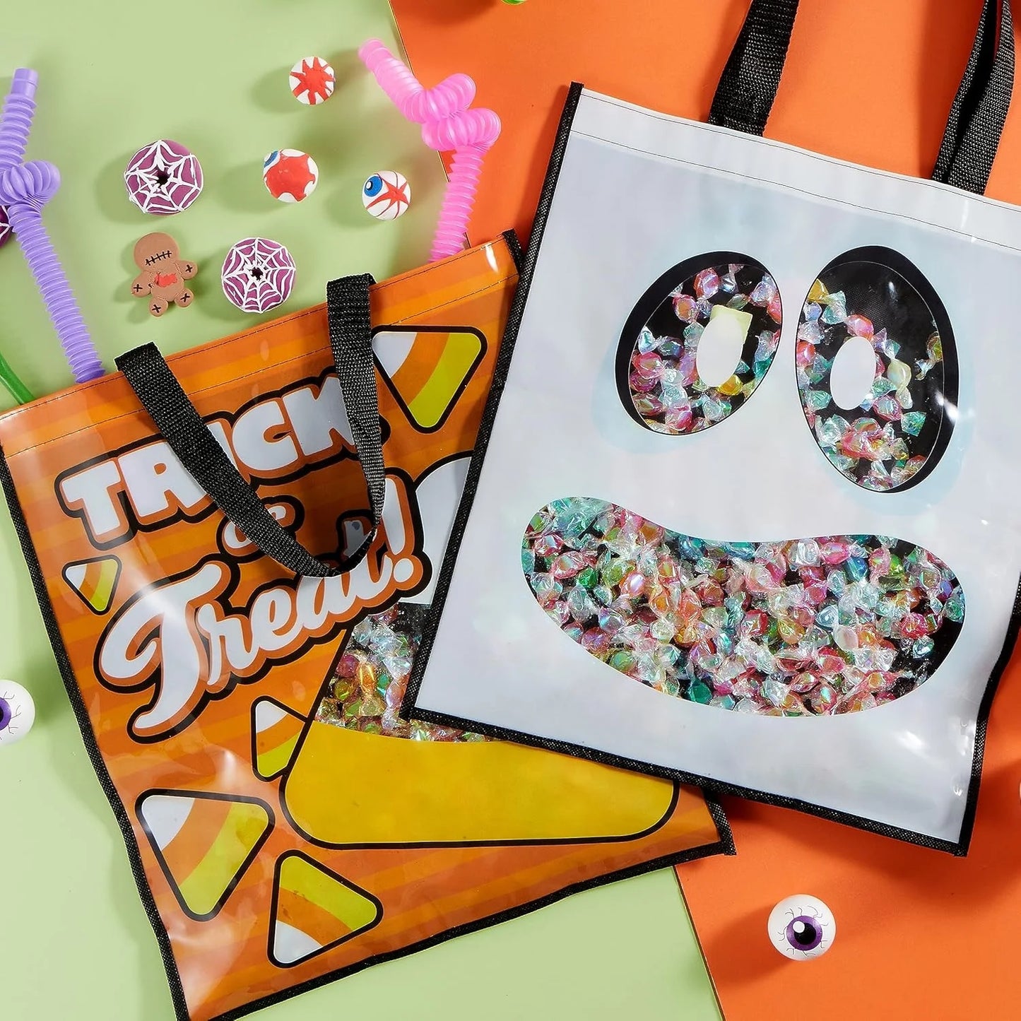 3 PCS Halloween Goodie Candy Bags Large, 22.5” X 13.4” Halloween Tote See-Through Bags for Kids Trick or Treating, Grocery Shopping Gifts Tote with Handles, Classroom Party Favor Supplies