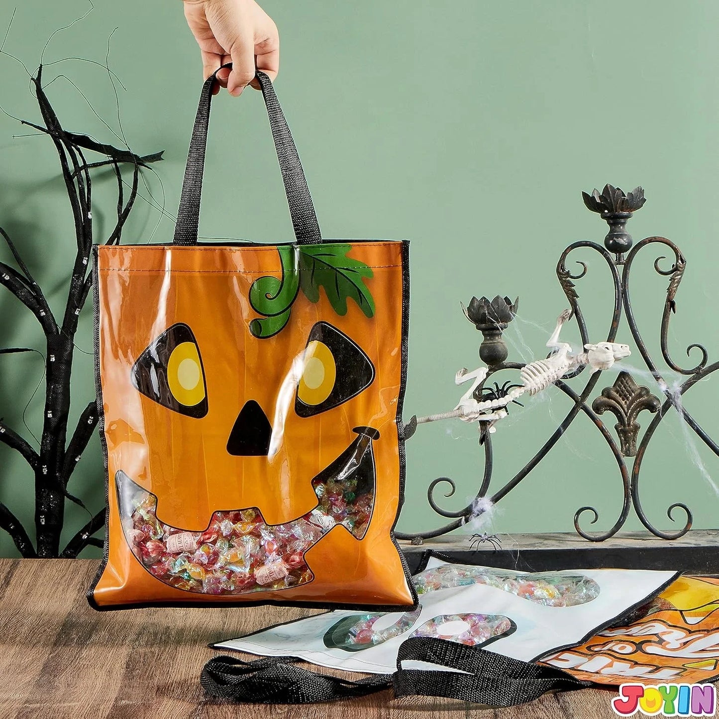 3 PCS Halloween Goodie Candy Bags Large, 22.5” X 13.4” Halloween Tote See-Through Bags for Kids Trick or Treating, Grocery Shopping Gifts Tote with Handles, Classroom Party Favor Supplies