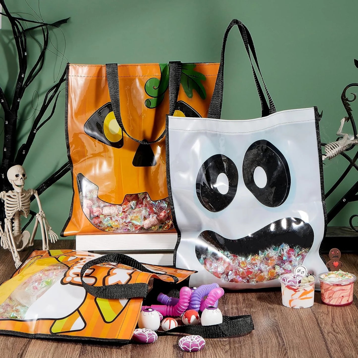 3 PCS Halloween Goodie Candy Bags Large, 22.5” X 13.4” Halloween Tote See-Through Bags for Kids Trick or Treating, Grocery Shopping Gifts Tote with Handles, Classroom Party Favor Supplies
