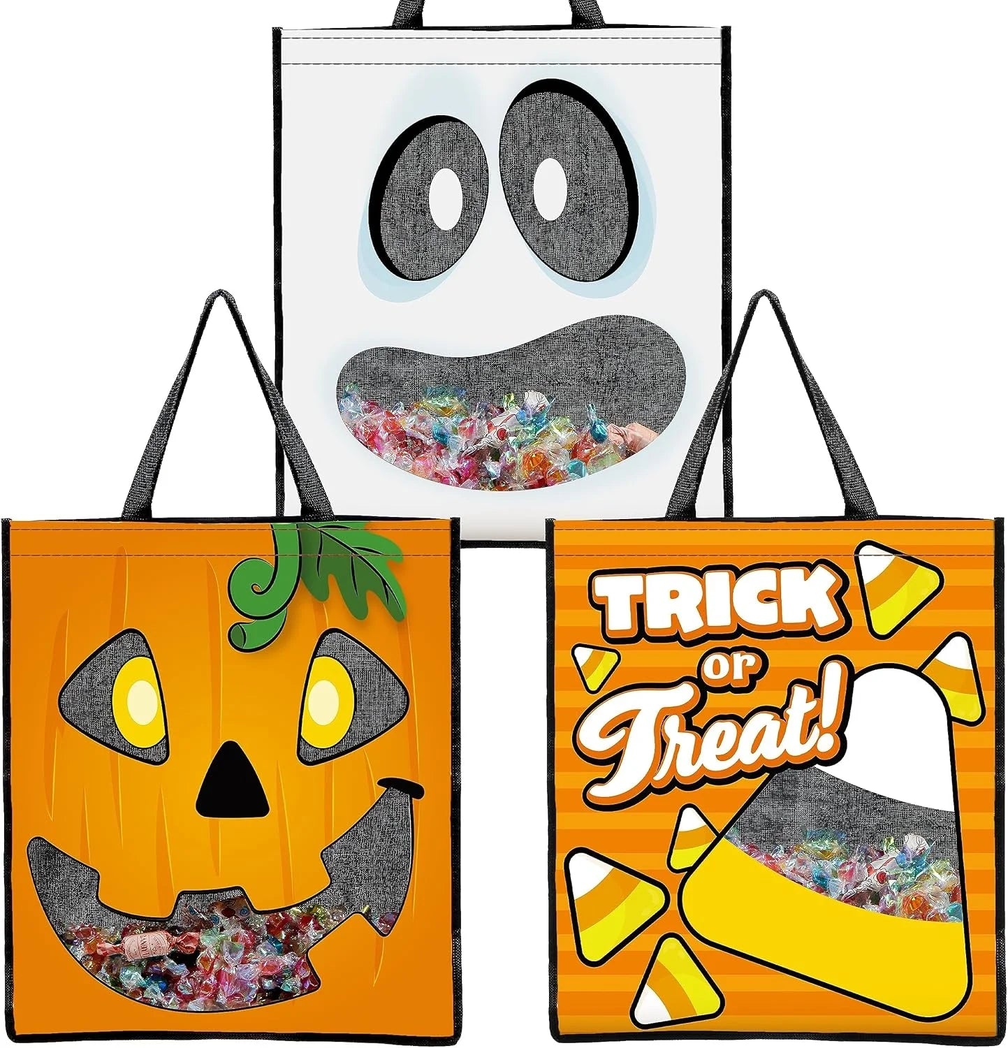 3 PCS Halloween Goodie Candy Bags Large, 22.5” X 13.4” Halloween Tote See-Through Bags for Kids Trick or Treating, Grocery Shopping Gifts Tote with Handles, Classroom Party Favor Supplies