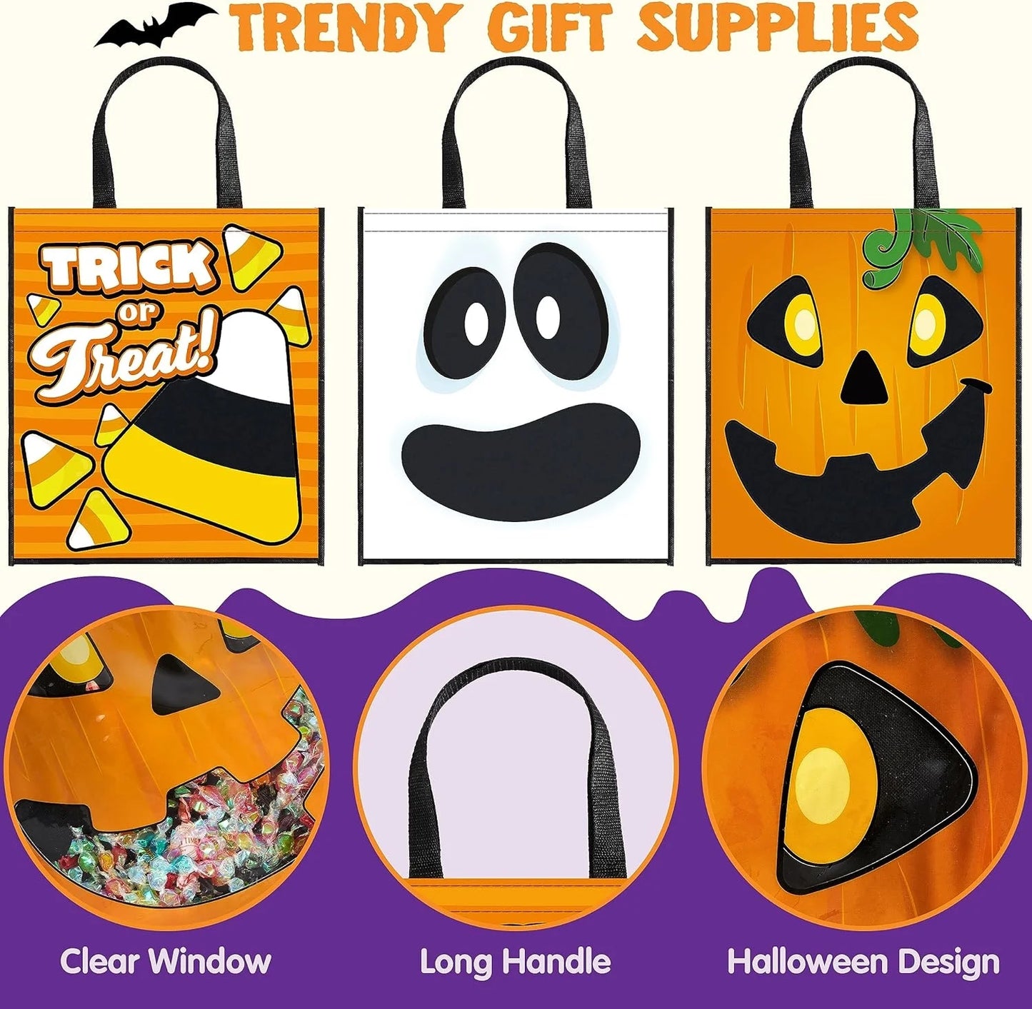 3 PCS Halloween Goodie Candy Bags Large, 22.5” X 13.4” Halloween Tote See-Through Bags for Kids Trick or Treating, Grocery Shopping Gifts Tote with Handles, Classroom Party Favor Supplies