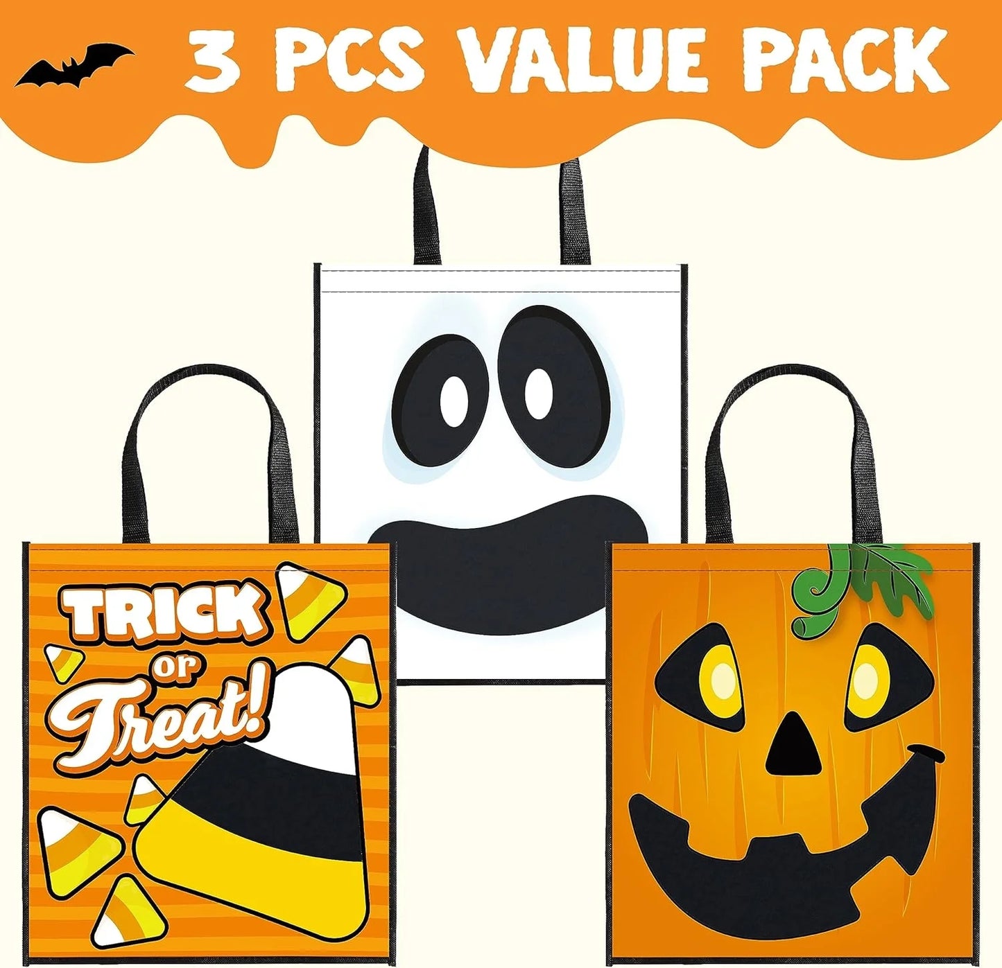 3 PCS Halloween Goodie Candy Bags Large, 22.5” X 13.4” Halloween Tote See-Through Bags for Kids Trick or Treating, Grocery Shopping Gifts Tote with Handles, Classroom Party Favor Supplies