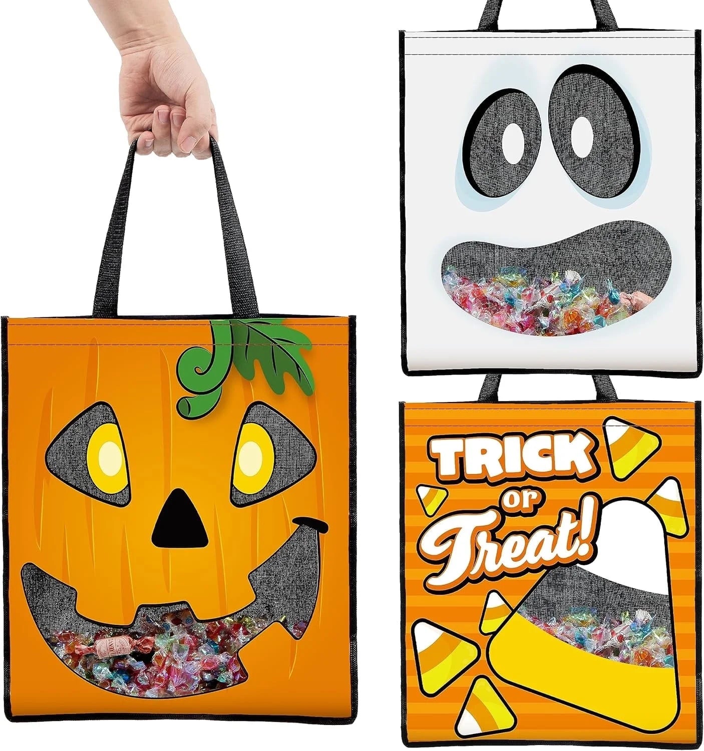 3 PCS Halloween Goodie Candy Bags Large, 22.5” X 13.4” Halloween Tote See-Through Bags for Kids Trick or Treating, Grocery Shopping Gifts Tote with Handles, Classroom Party Favor Supplies