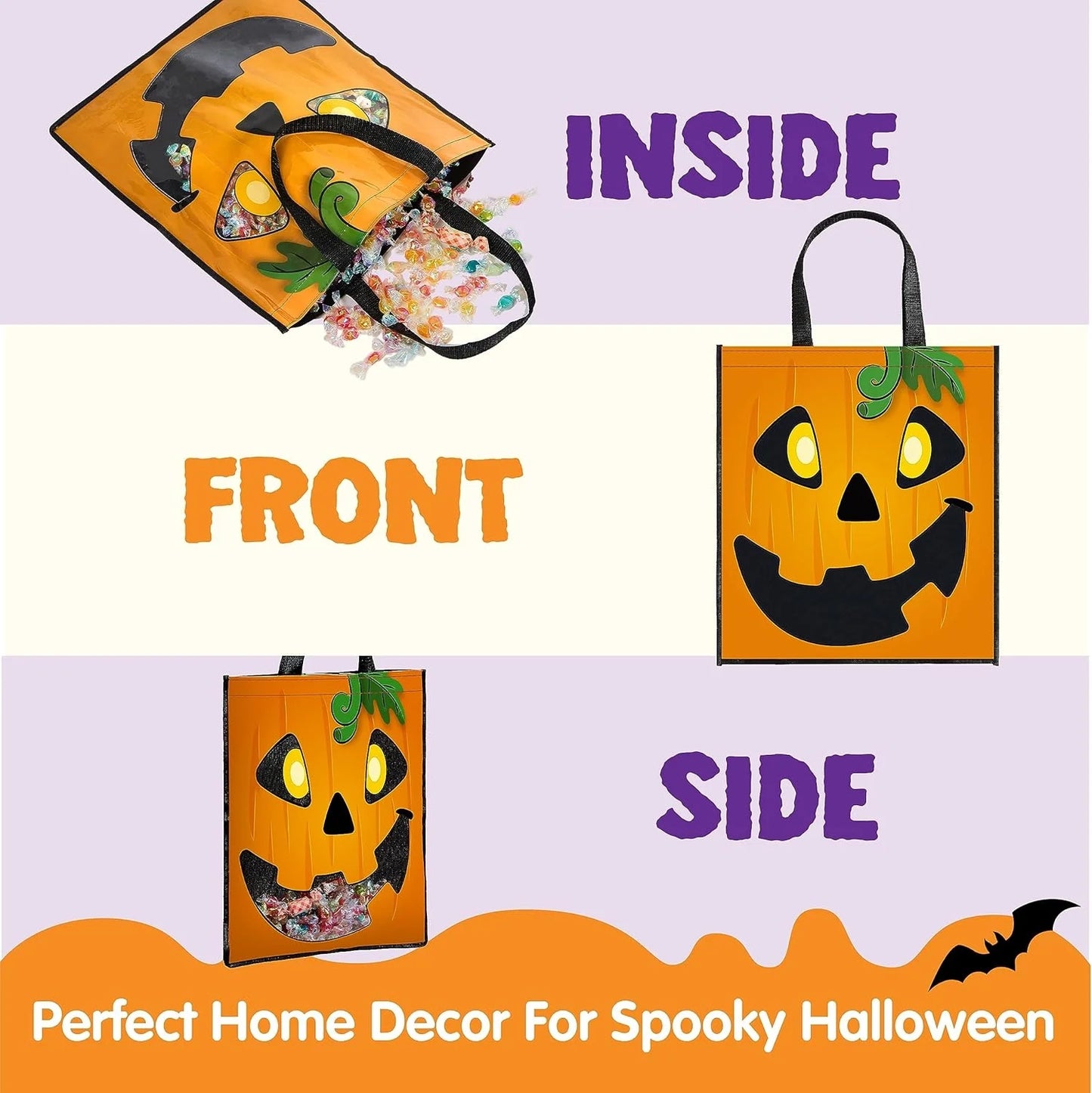 3 PCS Halloween Goodie Candy Bags Large, 22.5” X 13.4” Halloween Tote See-Through Bags for Kids Trick or Treating, Grocery Shopping Gifts Tote with Handles, Classroom Party Favor Supplies