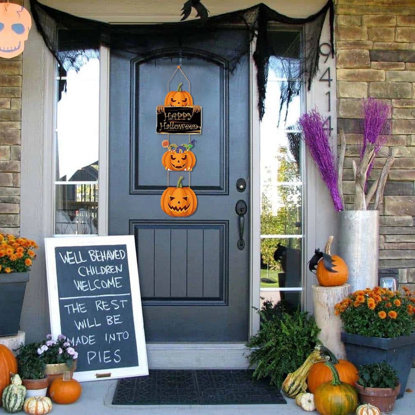 Halloween Door Sign, Halloween Pumpkin Hanging Sign, Happy Halloween Front Door Welcome Sign, Halloween Front Door Decorations, Pumpkin Wall Decor Wall Sign for Halloween Party