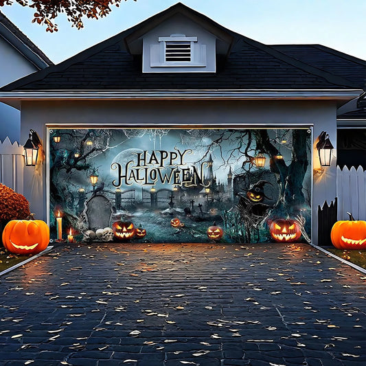 Happy Halloween Garage Door Cover Decorations, 6 X 16 Ft Large Horror Halloween Garage Door Banner Scary Halloween Murals Backdrop Outdoor Halloween Garage Door Cover for Halloween Decoration