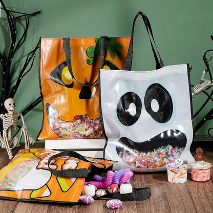 3 PCS Halloween Goodie Candy Bags Large, 22.5” X 13.4” Halloween Tote See-Through Bags for Kids Trick or Treating, Grocery Shopping Gifts Tote with Handles, Classroom Party Favor Supplies