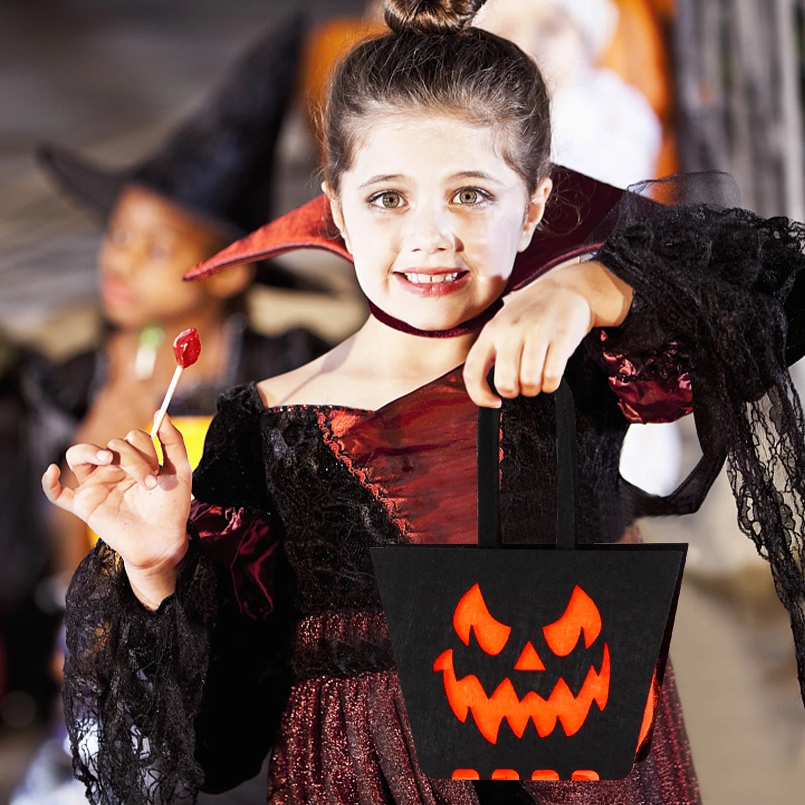 Halloween Candy Bag, Trick-Or-Treat Tote & Candy Basket for Kids, Pumpkin Bucket, Candy Bag, Candy Container for Halloween Party Supplies, Black