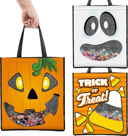 3 PCS Halloween Goodie Candy Bags Large, 22.5” X 13.4” Halloween Tote See-Through Bags for Kids Trick or Treating, Grocery Shopping Gifts Tote with Handles, Classroom Party Favor Supplies